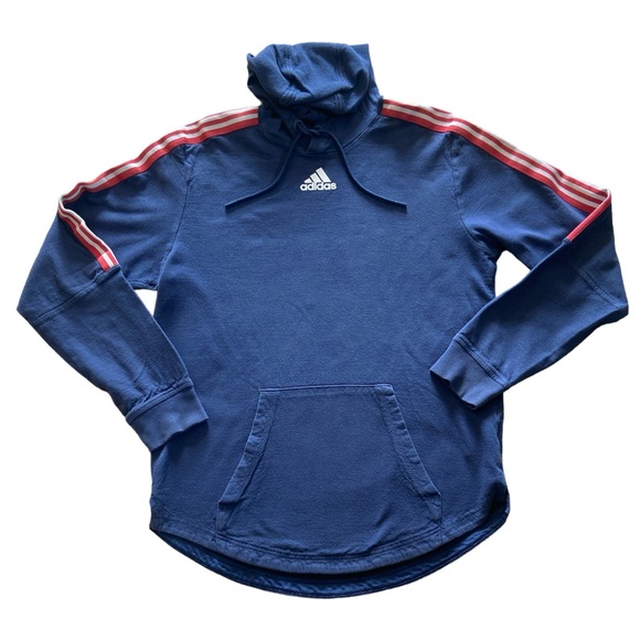 Adidas Men’s Hoodie Sweatshirt Blue Red Stripes Kangaroo Pocket Cotton Medium - Picture 1 of 5